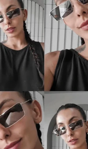 Quatro fotos de uma mulher usando óculos de sol retangulares com reflexo